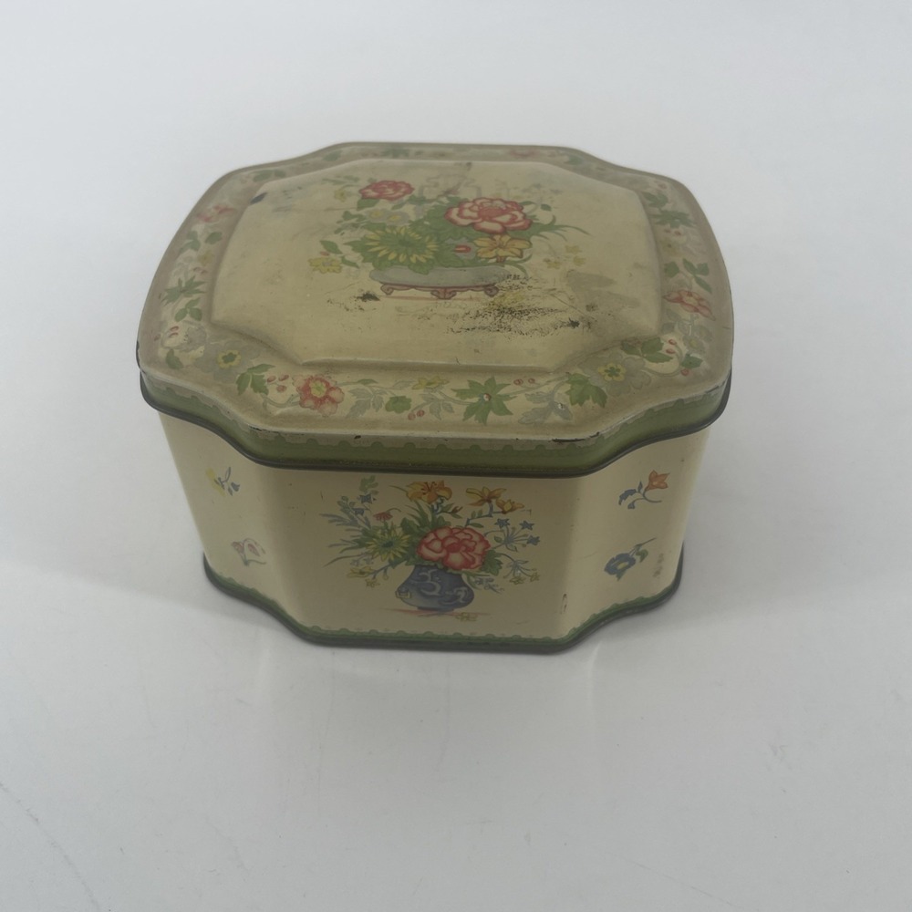 Vintage Metal Tin Tea Box Yellow Floral Cottage English‎ Farmhouse Hinged
